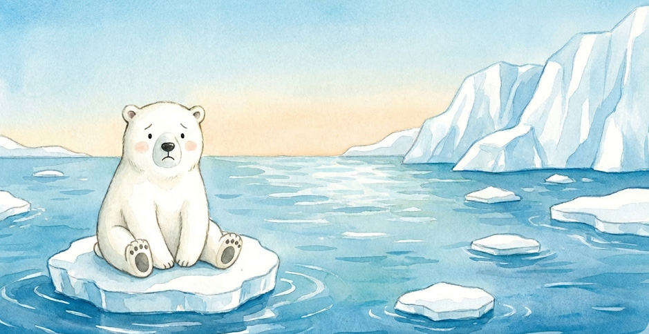 북극의 얼음이 녹아서 북극곰이 갈 곳이 없어요.