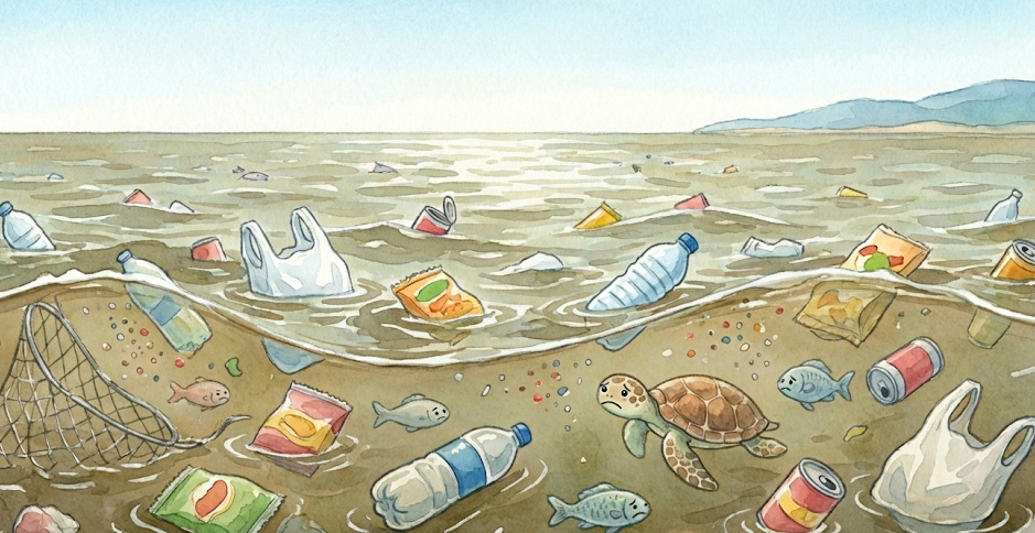 바다에 쓰레기가 둥둥 떠 있어요.