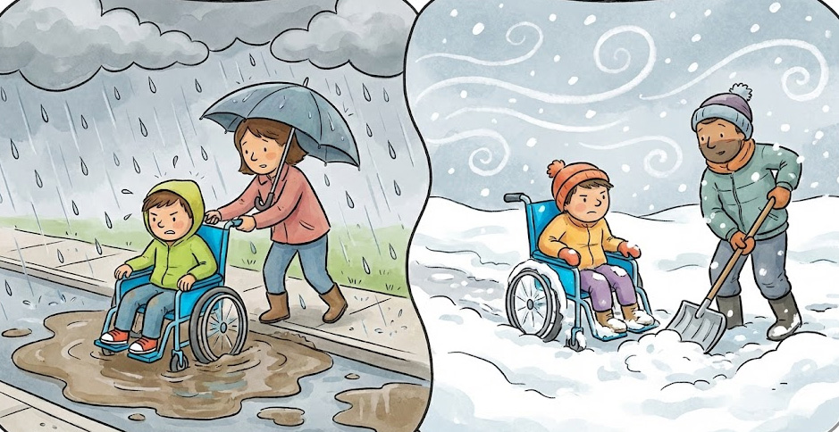 휠체어를 타는 사람은 폭우나 폭설 때 이동하기 어려워요.