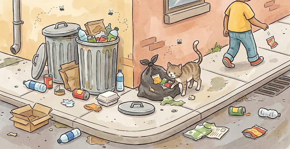 개인: 분리수거를 하지 않고 아무 데나 쓰레기를 버렸어요.